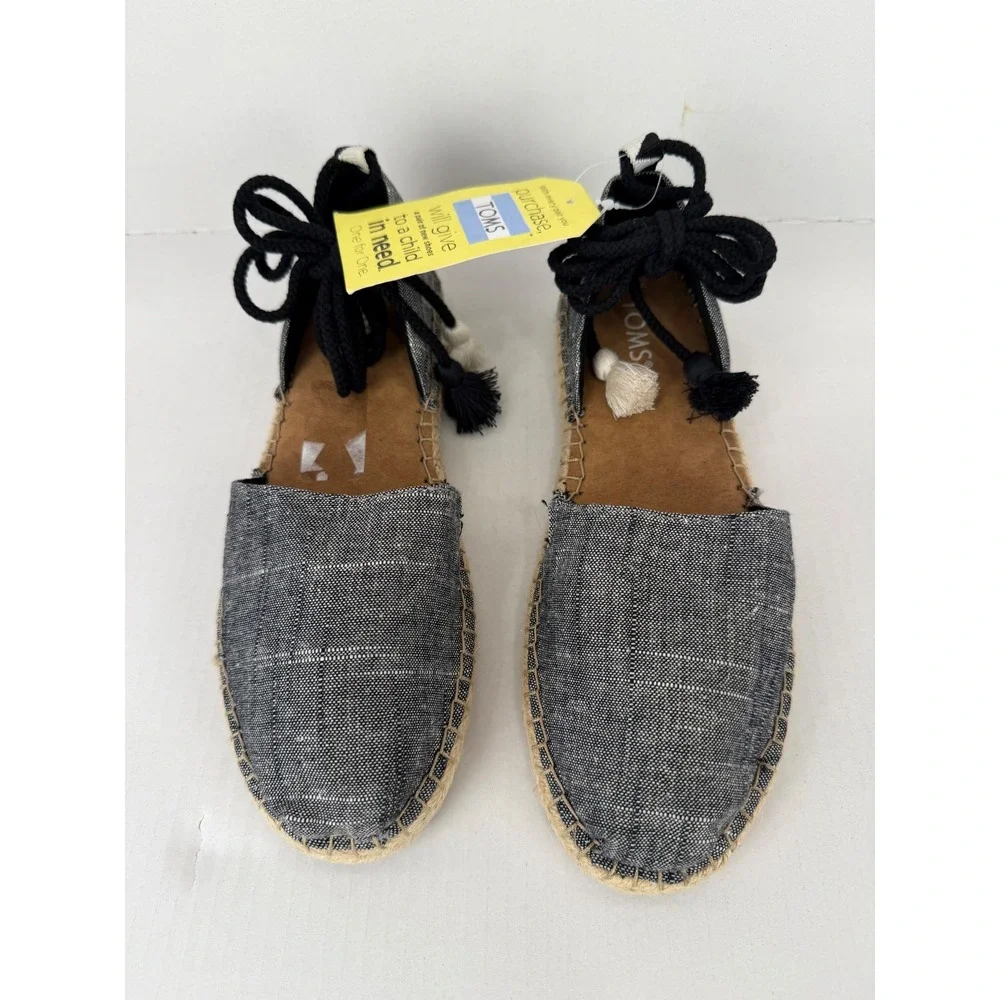 TOMS Espadrille Flats Ankle Tie Tassel Blue/Black 8.5 Boho D'Orsay